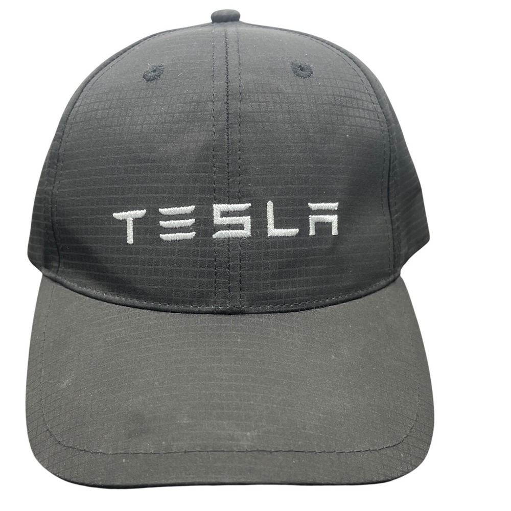 Tesla Motors Black Ripstop Baseball Cap Hat Adjustable Strapback White Logo Mens